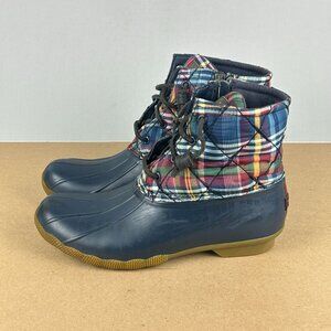 Sperry Saltwater Plaid Duck Boots Womens 8.5 Navy Blue Red Yellow Green Zip